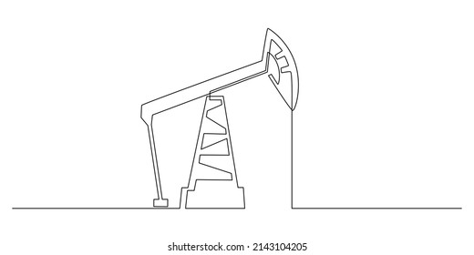 One continuous line drawing of oil pumpjack. Pump station petroleum production and trade industry in simple linear style. Non-renewable energy concept. Editable stroke. Doodle vector illustration