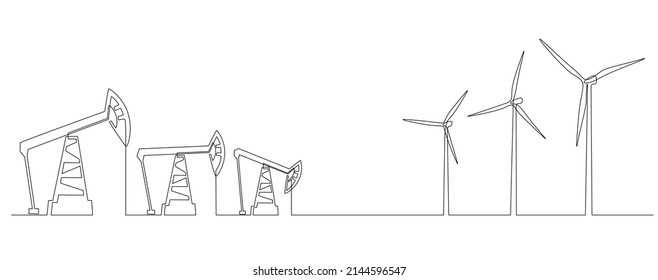 One continuous line drawing of Oil pumps jacks and wind turbines. Concept of energy crisis and Renewable and Non renewable sources in simple linear style. Editable stroke. Doodle vector illustration