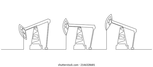 One continuous line drawing of oil pump jack. Drilling rigs icon petroleum production and trade industry in simple linear style. Non-renewable energy concept. Editable stroke. Vector illustration