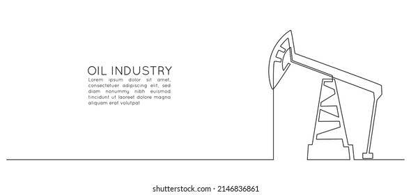 One continuous line drawing of oil pumpjack. Pump station petroleum production and trade industry in simple linear style. Energy crisis concept. Editable stroke. Doodle vector illustration