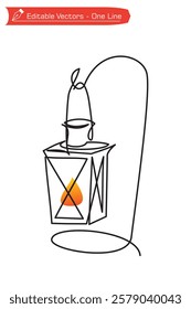 One continuous line drawing of oil or candle fuel hanging lantern with iron stand. Vector illustration of an easy one line drawing of a hanging lantern with a stand for Ramadan nights.