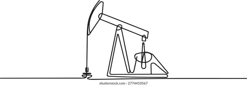 One continuous line drawing of oil pumpjack. Pump station petroleum production and trade industry in simple linear style. Non-renewable energy concept. one line Art icon drawing vector
