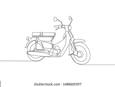 One continuous line drawing of old classic Asian underbone motorbike logo. Vintage motorcycle concept. Single line draw design vector illustration