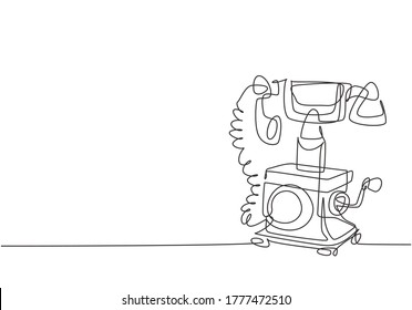 One continuous line drawing of old vintage analog wall telephone to communicate. Retro classic telecommunication device concept single line draw design vector illustration graphic