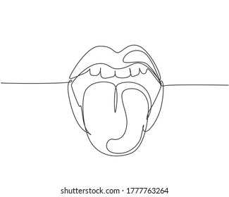One continuous line drawing of old retro classic iconic logo lips and tongue from 80s era. Vintage icon item concept single line draw design graphic vector illustration