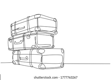 One continuous line drawing of old retro vintage leather suitcases stack. Classic travelling item concept single line draw graphic design vector illustration