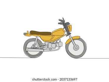 Un dibujo continuo del viejo logo de la motocicleta de carreras. El concepto clásico de motocicleta vintage. Ilustración vectorial de diseño de líneas simples