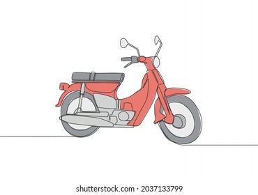 One continuous line drawing of old classic Asian underbone motorbike logo. Vintage motorcycle concept. Single line draw design vector illustration