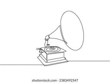 One continuous line drawing. Old retro analog gramophone. Antique vintage music player. Vector illustration isolated. Minimalist design handdrawn.