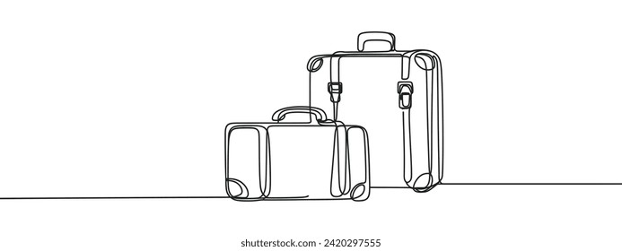 One continuous line drawing of old retro vintage leather suitcases stack. Classic travelling item concept single line draw graphic design vector illustration