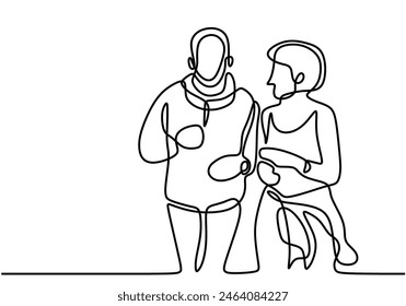 one continuous line drawing of old man and woman are jogging. Sport. Slow aging. Vector illustration