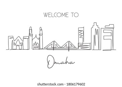 One continuous line drawing of Omaha city skyline, Nebraska. World beautiful landscape tourism and travel vacation for wall decor print. Stylish single line draw graphic design vector illustration