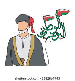 One continuous line drawing of Oman National Day with white background concept. Oman National Day in simple linear style vector illustration. Arabic Translate : Oman National Day