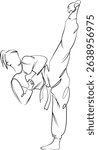 One continuous line drawing on white isolated background. Minimalism linear illustration. athlete, color image, people, adult, exercising, gym, indoor, strength, woman, skill, karate