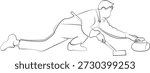 One continuous line drawing on white isolated background. Minimalism linear illustration. game, sport, curling, man, ice, winter, competition, athlete, player, rink