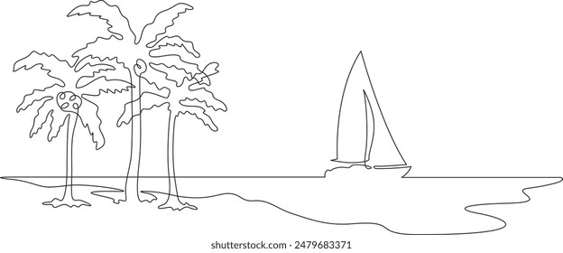 One continuous line drawing on a white isolated background. Minimalism linear illustration.Sailing yacht on a tropical island. Island coast in the ocean. Palm trees on the paradise shore.