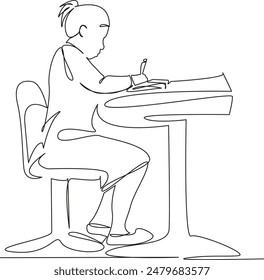 One continuous line drawing on a white isolated background. Linear illustration of minimalism. girl at her desk doing her homework. schooling. a girl at school sits at a desk.