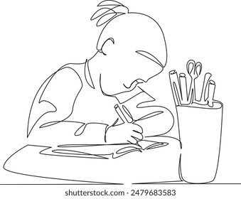 One continuous line drawing on a white isolated background. Linear illustration of minimalism. The girl writes her homework in a notebook. schooling. the girl is doing her homework.