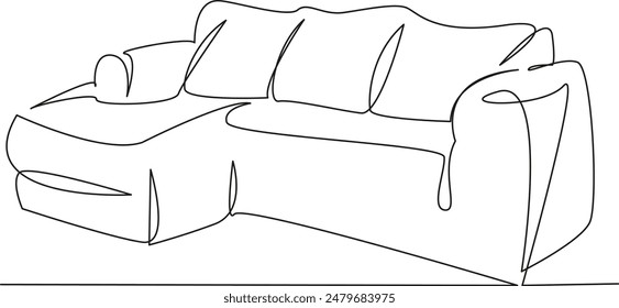 Una línea continua dibujando sobre un fondo blanco aislado. Ilustración lineal de minimalismo. sofá suave y acogedor. sofá de esquina. sofá en la sala de estar con almohadas.