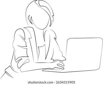One continuous line drawing on white isolated background. Minimalism linear illustration. working, office, business, computer, technology, woman, desk, businesswoman, job
