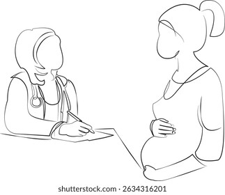 One continuous line drawing on white isolated background. Minimalism linear illustration. woman, doctor, care, pregnant, hospital, female, appointment, health care, medicals