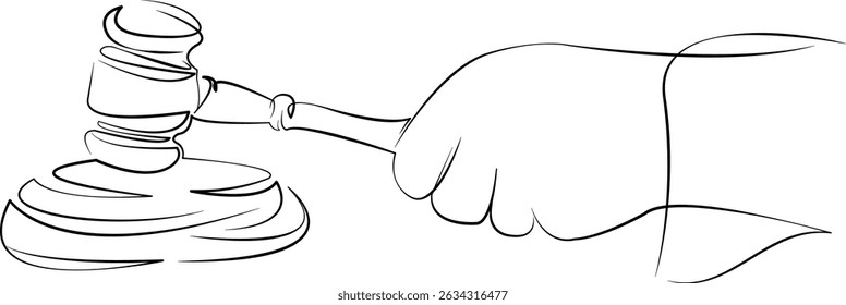 One continuous line drawing on white isolated background. Minimalism linear illustration. lawyer, gavel, hammer, judgement, authority, crime, decision, law, punishment, person