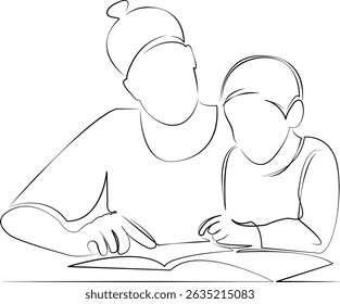 Um desenho de linha contínua sobre fundo branco isolado. Minimalismo linear ilustração. criança, mãe, educação, dever de casa, filho, menino, aprendizagem, mulher, estudante, estudando