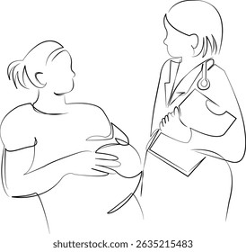 One continuous line drawing on white isolated background. Minimalism linear illustration. doctor, hospital, patient, care, pregnant, obstetrician, indoor, medical clinic, medicine