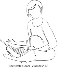 One continuous line drawing on white isolated background. Minimalism linear illustration. laptop, pregnant, woman, indoor, one person, anticipation, computer, technology, working