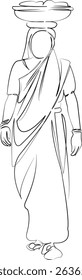 One continuous line drawing on white isolated background. Minimalism linear illustration. woman, india, indian, food, rural, asia, tradition, village, adult