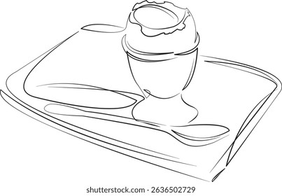 One continuous line drawing on white isolated background. Minimalism linear illustration. breakfast, boiled egg, soft-boiled egg, toasted bread, morning, food and drink, meal, bread
