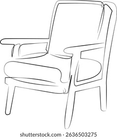 One continuous line drawing on white isolated background. Minimalism linear illustration. chair, furniture, cushion, design, interior, home, stylish, modern, decor, wooden