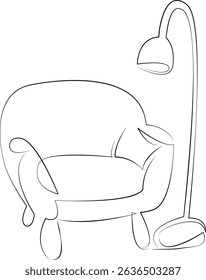 One continuous line drawing on white isolated background. Minimalism linear illustration. chair, furniture, design, living room, indoor, lamp, interior, modern, house, apartment