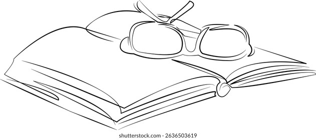 One continuous line drawing on white isolated background. Minimalism linear illustration. book, page, goggles, open, literature, education, reading, study, cognition, paper