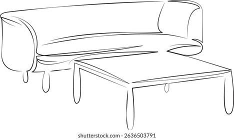 One continuous line drawing on white isolated background. Minimalism linear illustration. sofa, furniture, table, comfortable, indoor, living room, modern, house