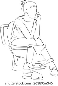 One continuous line drawing on white isolated background. Minimalism linear illustration. bathroom, sitting, female, woman, talking, communication, technology, hygiene, mobile, toilet