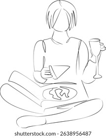 One continuous line drawing on white isolated background. Minimalism linear illustration. person, woman, wine, pizza, eating, food, drinking, adult, drink, lifestyle