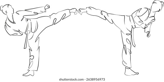 One continuous line drawing on white isolated background. Minimalism linear illustration. person, sport, adult, athlete, art, woman, lifestyle, fighting, karate, taekwondo