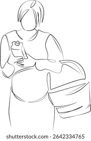 One continuous line drawing on white isolated background. Minimalism linear illustration. enjoyment, groceries, lifestyles, retail, shopping, store, women, pregnant, buying