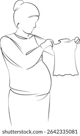 Um desenho de linha contínua sobre fundo branco isolado. Minimalismo ilustração linear. pessoa, varejo, loja, grávida, mulher, mãe, maternidade, gravidez, venda, loja, pano
