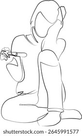 Um desenho de linha contínua sobre fundo branco isolado. Minimalismo linear ilustração. pessoa, mulher, mulher, mãe, segurando, grávida, jovem, adulto, interior, gravidez