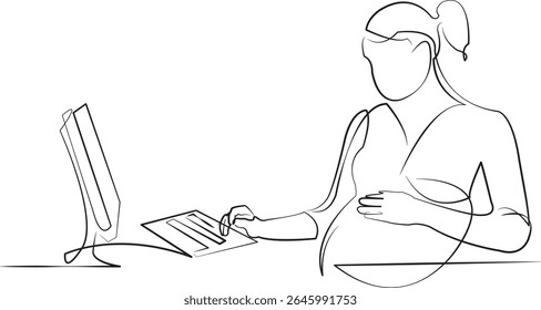 One continuous line drawing on white isolated background. Minimalism linear illustration. person, mother, office, pregnant, businesswoman, working, business, technology, confidence, indoor