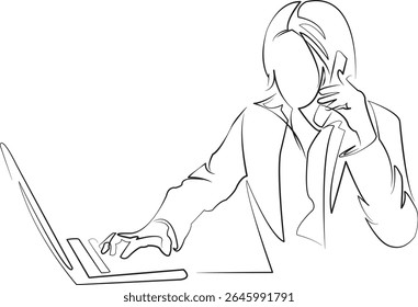 One continuous line drawing on white isolated background. Minimalism linear illustration. person, working, office, business, computer, technology, woman, businesswoman, laptop, entrepreneur