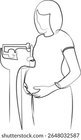 One continuous line drawing on white isolated background. Minimalism linear illustration. pregnant, woman, mother, weight, people, adult, lifestyle, weight scale, healthy lifestyle