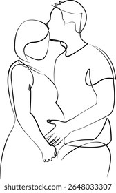 Um desenho de linha contínua sobre fundo branco isolado. Minimalismo ilustração linear. mãe, marido, família, grávida, mulher, pai, esposa, barriga, amor, maternidade