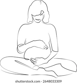 Um desenho de linha contínua sobre fundo branco isolado. Minimalismo ilustração linear. mulher, grávida, ioga, pessoa, mãe, estilo de vida, gravidez, sorrindo, cuidado, adulto