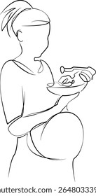 One continuous line drawing on white isolated background. Minimalism linear illustration. salad, lifestyle, lunch, vegetable, pregnant, eating, food, person, adult, mother