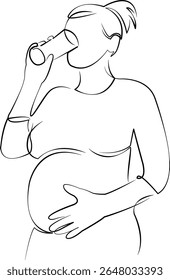 Eine durchgehende Linienzeichnung auf weißem, isoliertem Hintergrund. Minimalismus lineare Illustration. Person, Trinken, Schwanger, Lebensstil, Wasser, Frau, Mutter, Erwachsener, drinnen, trinken