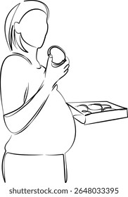 One continuous line drawing on white isolated background. Minimalism linear illustration. person, pregnant, eating, mother, happiness, woman, adult, lifestyle, food, sugar - food, dessert - sweet food