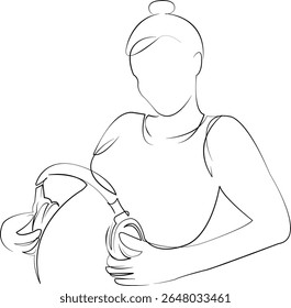 Um desenho de linha contínua sobre fundo branco isolado. Minimalismo ilustração linear. pessoa, mãe, música, grávida, ouvindo, mulher, adulto, interior, estômago, cuidado